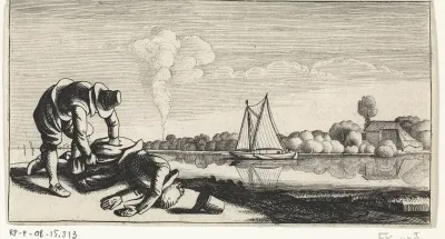 Rivierlandschap met een dode die beroofd wordt