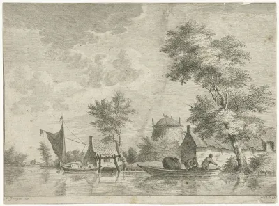 Rivierlandschap met een hooiberg