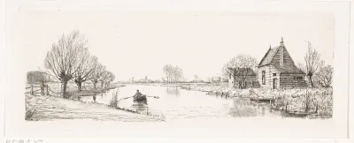 Rivierlandschap met een houten woning