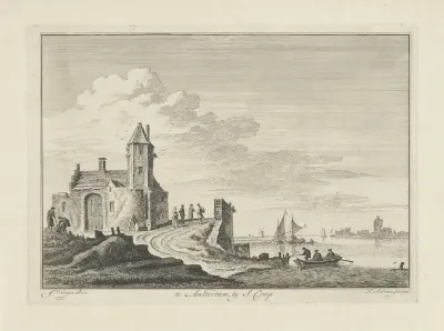 Rivierlandschap, met een huis met toren