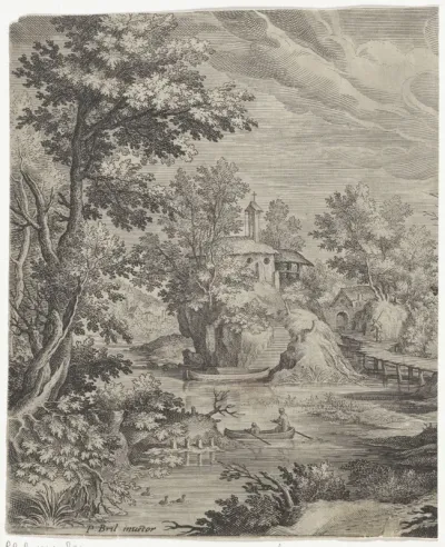 Rivierlandschap met een kapel