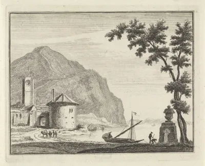 Rivierlandschap met een kerk bij een berg