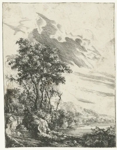 Rivierlandschap met een man en een geit