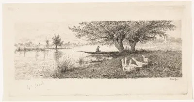 Rivierlandschap met een man in een boot en ganzen op de oever