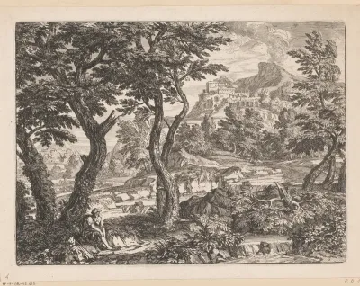 Rivierlandschap met een reiziger langs een pad gezeten