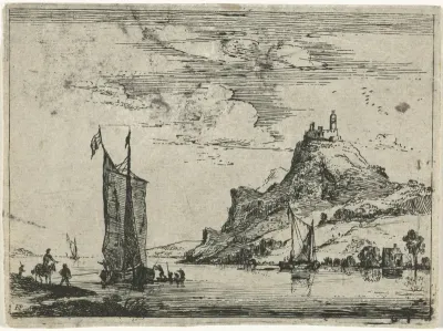 Rivierlandschap met een ruiter op de oever