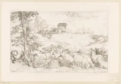 Rivierlandschap met een slapende herder met zijn kudde