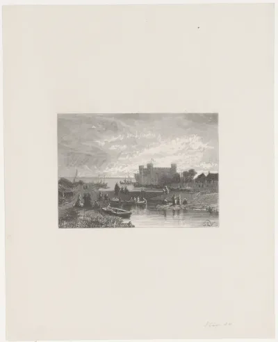 Rivierlandschap met een sluis en een kasteel
