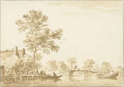 Rivierlandschap met een sluisje, een brug en enkele boten