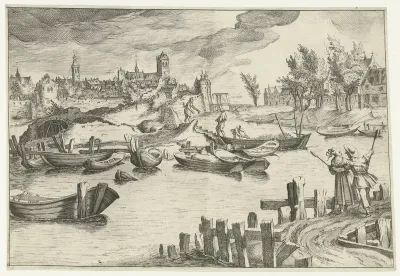 Rivierlandschap met een stad op de achtergrond