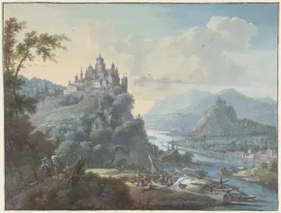 Rivierlandschap met een stad op een heuveltop