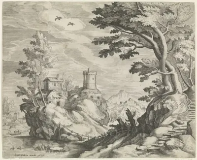 Rivierlandschap met eiland en ronde toren