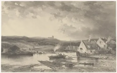 Rivierlandschap met enige huizen en een watermolen