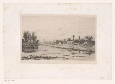 Rivierlandschap met enkele gebouwen