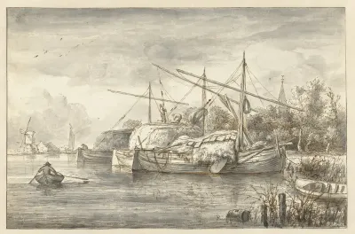Rivierlandschap met enkele hooischepen
