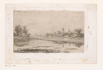 Rivierlandschap met enkelen gebouwen