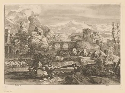 Rivierlandschap met ezels en schapen