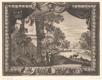 Rivierlandschap met figuren bij een grafmonument