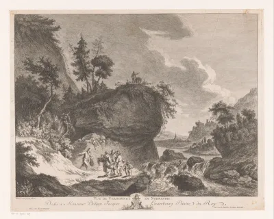 Rivierlandschap met figuren bij een rots