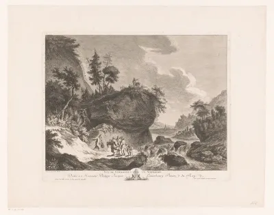 Rivierlandschap met figuren bij een rotspartij
