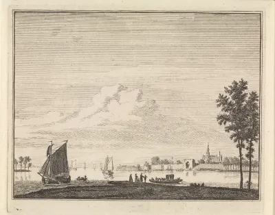 Rivierlandschap met figuren en boten