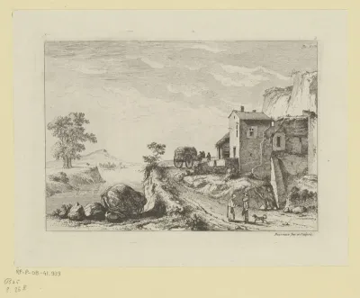 Rivierlandschap met figuren en een hooiwagen op een weg