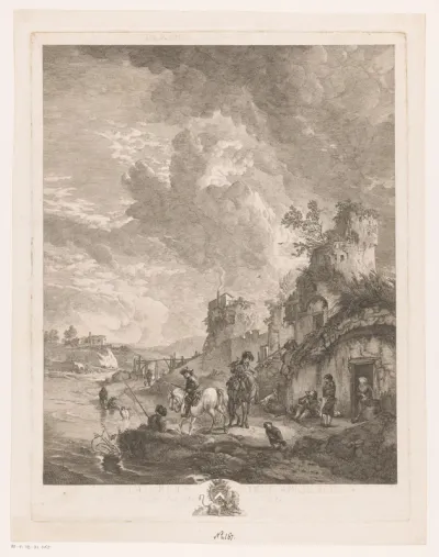 Rivierlandschap met figuren langs de waterkant