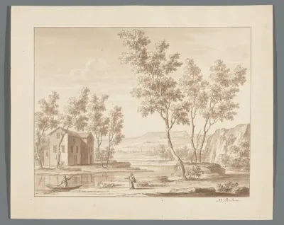 Rivierlandschap met gebouw, een bootje en twee figuren