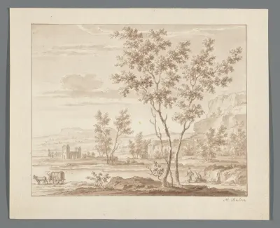 Rivierlandschap met gebouw, een huifkar en enkele figuren