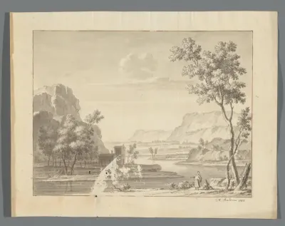 Rivierlandschap met gebouw en twee figuren