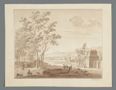 Rivierlandschap met gebouwen en herders met geiten