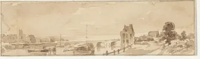 Rivierlandschap met gebouwen