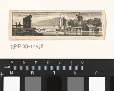 Rivierlandschap met gezicht op pier en molen