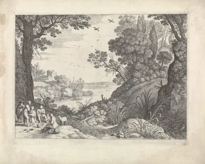 Rivierlandschap met groep figuren