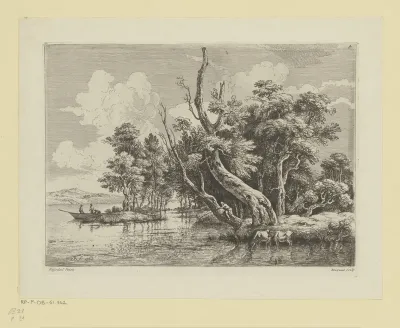 Rivierlandschap met hengelaar in een boom