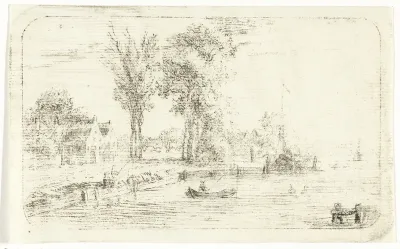 Rivierlandschap met hengelaar in een bootje