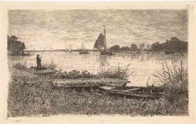 Rivierlandschap met hengelaar op een steiger