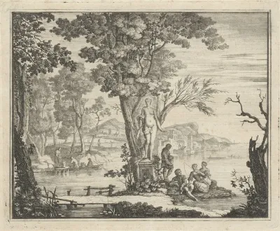 Rivierlandschap met hengelaars bij een beeld van Venus