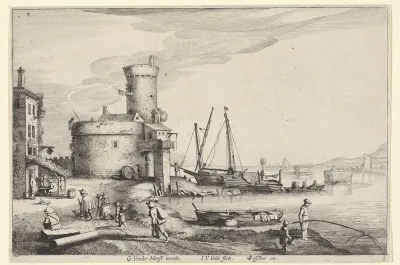 Rivierlandschap met herberg en uitkijktoren