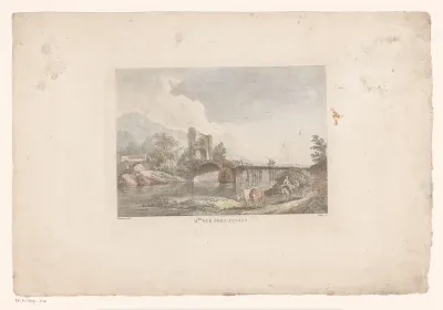 Rivierlandschap met herders bij een brug