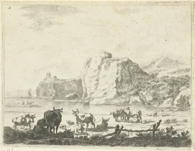Rivierlandschap met herders en koeien