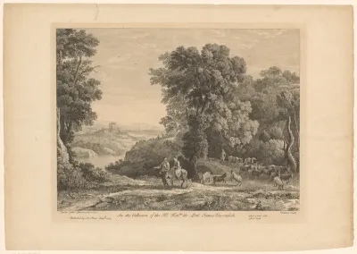 Rivierlandschap met herders en reizigers met ezel
