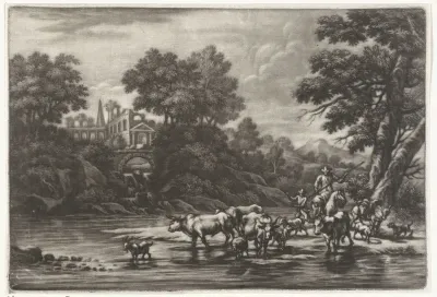 Rivierlandschap met herders