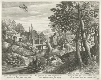Rivierlandschap met het embleem over een ongelijk paar belaagd door Cupido en de Dood