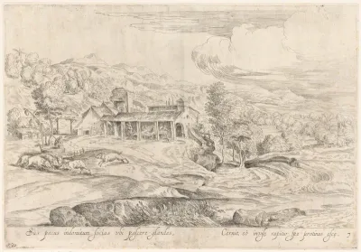 Rivierlandschap met houtzagerij