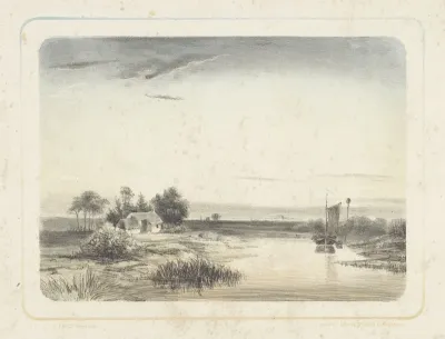 Rivierlandschap met huis en zeilboot