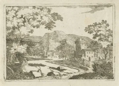 Rivierlandschap met huizen en torens