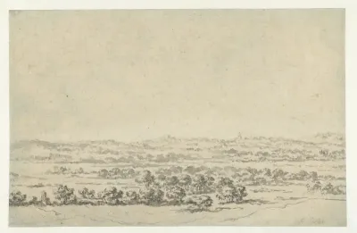 Rivierlandschap met in de verte een toren