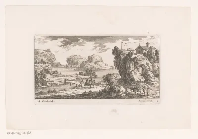 Rivierlandschap met kapel op rots