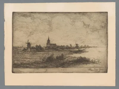 Rivierlandschap met kerk en molens